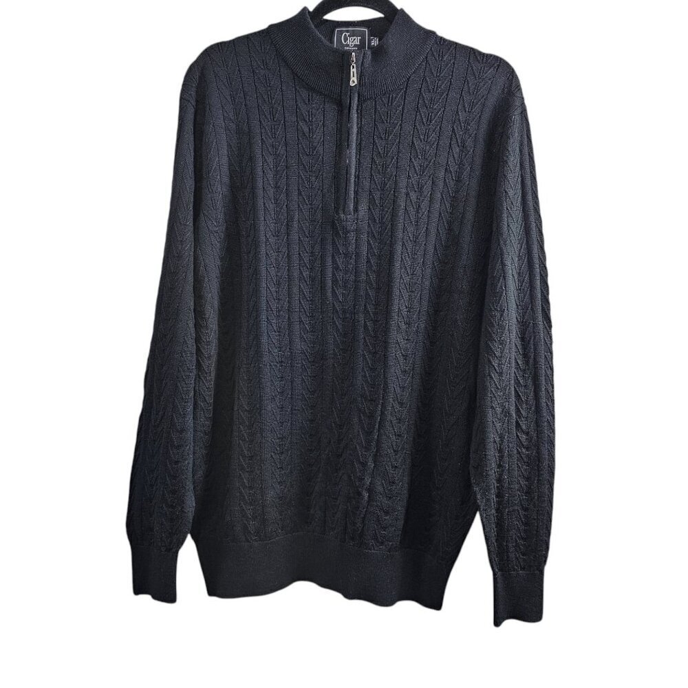 Cigar Couture Knit 1/4 Zip Textured Cable Wool Blend Black Pull Over Sweater